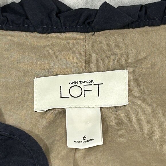 ANN TAYLOR LOFT Blazer Womens 6 Navy Eyelet Ruffle Cropped 3/4 Sleeve Cotton - Picture 3 of 7